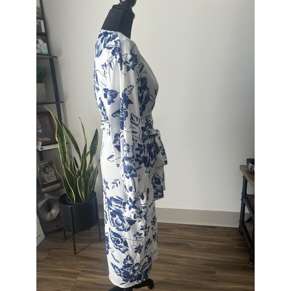 NWT boohoo Blue Floral Print Tie Waist Midi Dress Cocktail Party Wedding Event 8 - Picture 3 of 13